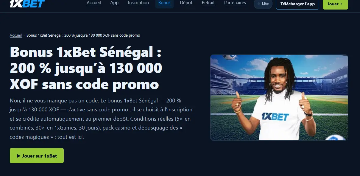 Bonus de bienvenue 1xBet Sénégal : 200 % jusqu'à 169 000 FCFA avec le code promo pariAFR