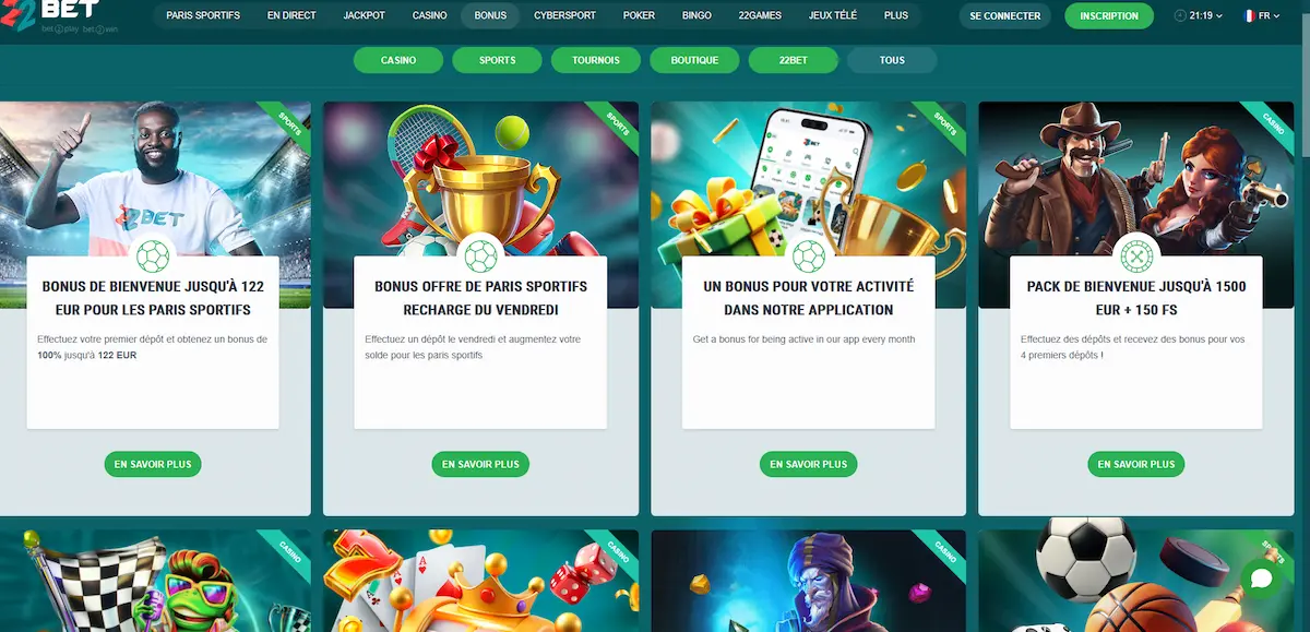 Bonus 22Bet Sénégal : 200 % sur le premier dépôt et pari gratuit de 1 000 FCFA avec le code AFR200