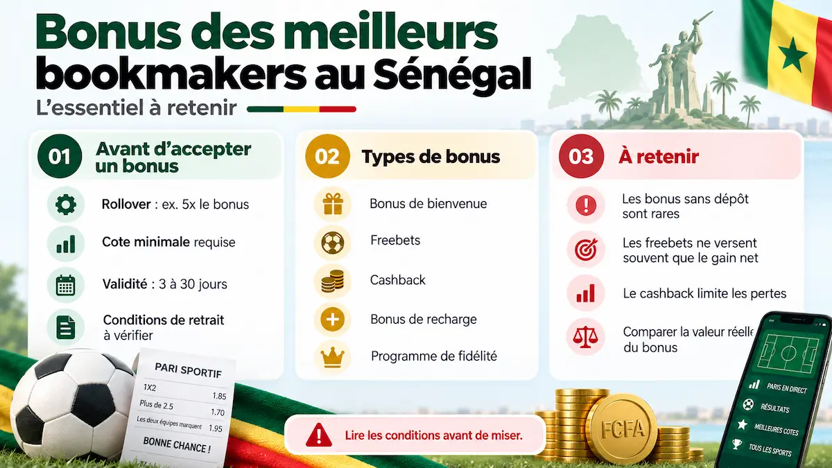 Bonus des meilleurs bookmakers au Sénégal : rollover, freebets, cashback et conditions à retenir
