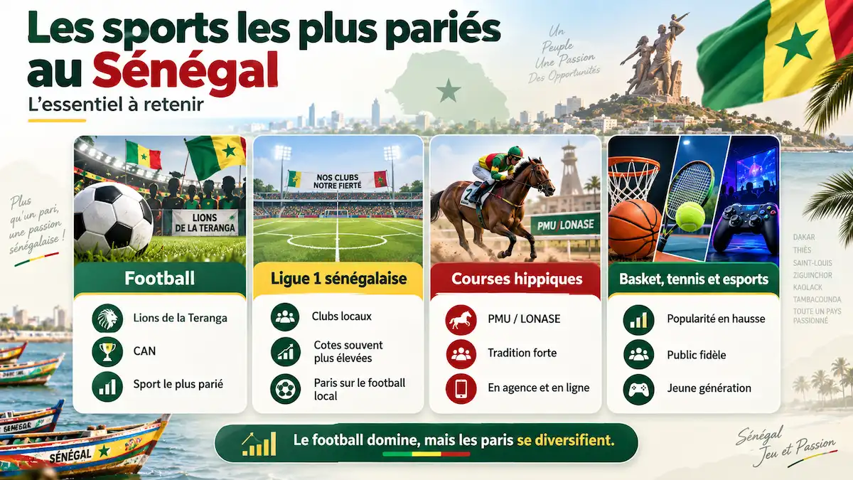 Les sports les plus pariés au Sénégal : football, Ligue 1 sénégalaise, courses hippiques et esports